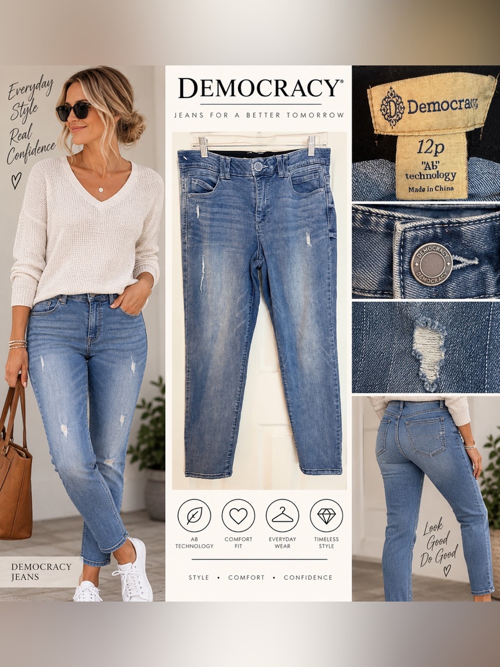 Democracy Women’s Jeans Size 12P AB Technology Distressed Slim Leg